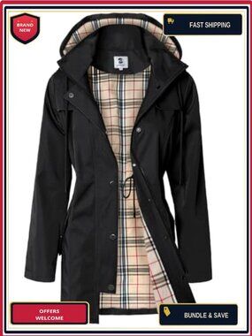 Women's Long Hooded Rain Jacket Water-Resistant Windbreaker Outdoor Coat